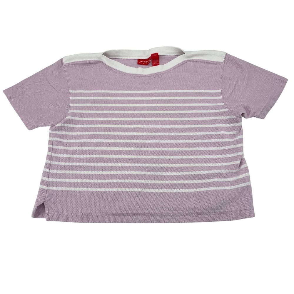 Liz‎ Claiborne Liz & Co Women's Large Lavender White Striped Short Sleeve Shirt